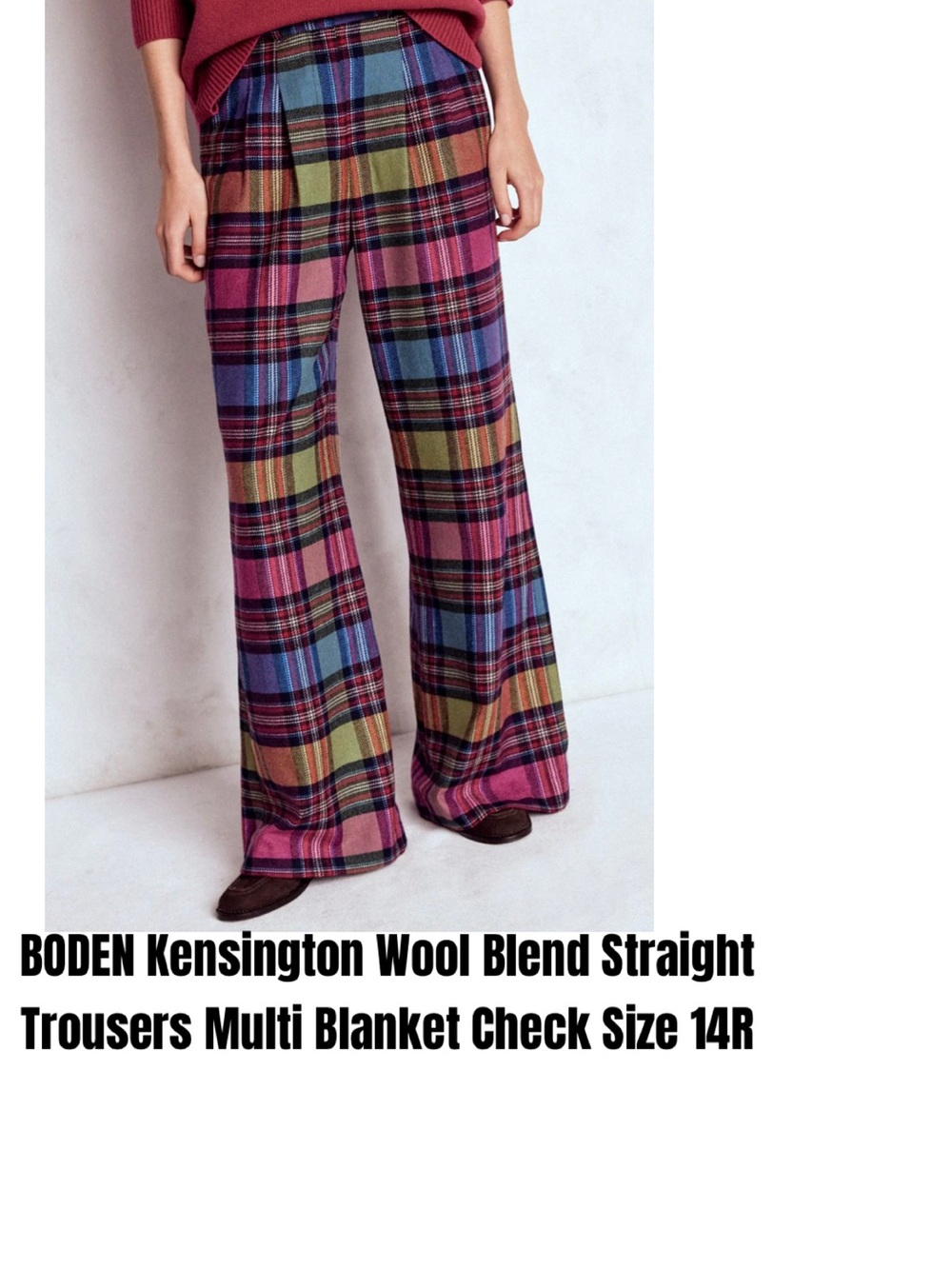BODEN Kensington Wool Blend Straight Trousers Multi Blanket Check Size 14R